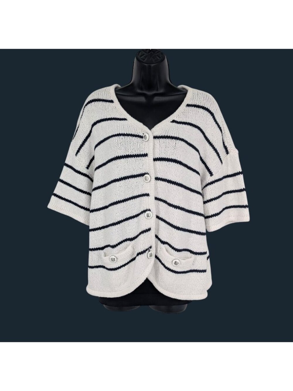 Talbots Chunky Knit Cardigan Striped Short Sleeve Nautical Coastal Preppy Large